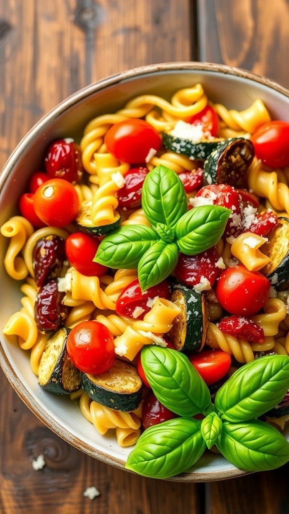 Roasted Vegetable and Sun-Dried Tomato Pasta Salad A vibrant bowl of roasted vegetable and sun-dried tomato pasta salad with zucchini, bell peppers, and cherry tomatoes, garnished with basil and Parmesan.